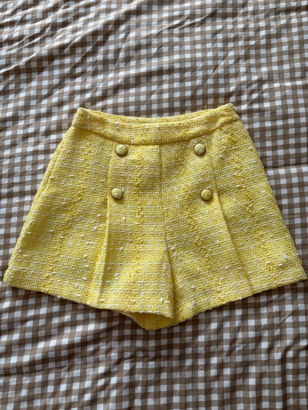 Yellow Tweed High-Waist Decorative Button Front Shorts